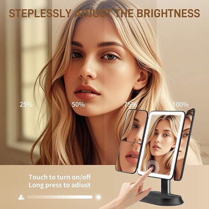 Rechargeable Lighted Makeup Mirror with 1X/3X/5X Magnification, Professional 3-Color LED Trifold Vanity Mirror, Smart Memory, Type-C Charging, Portable Beauty Mirror for Travel, Idea Gifts - Black