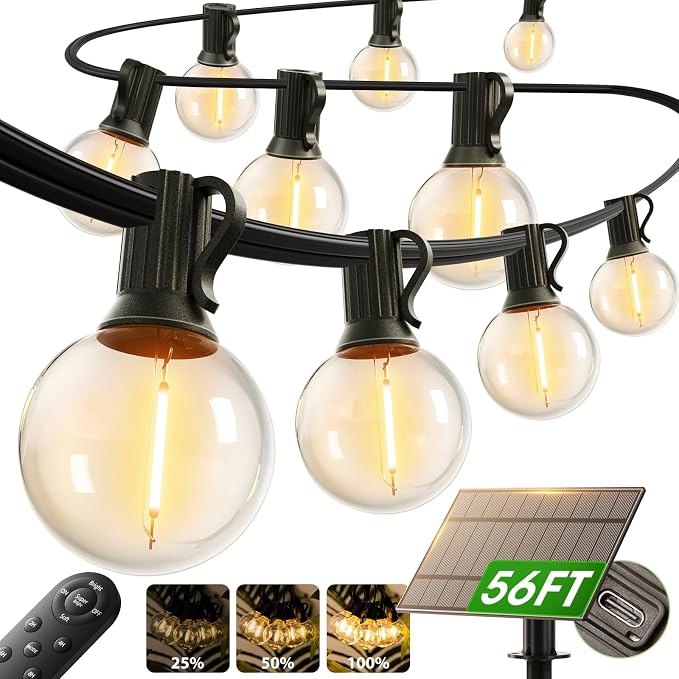 addlon 50FT 27LED Solar String Lights Outdoor Waterproof with Remote, USB | Shatterproof Outdoor Lights, Dimmable Timer, 3 Modes, Solar Powered Patio Lights for Outside, Backyard Garden Camping Pergola
