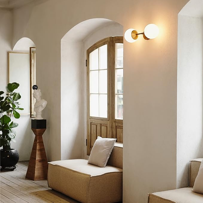 Globe Electric 52079 2-Light Wall Sconce, Matte Black, Antique Brass Accent Socket, Matte Opal Glass Shades, Modern Light for Living Room or Bedroom, Dimmer Switch Compatible, E26 Base