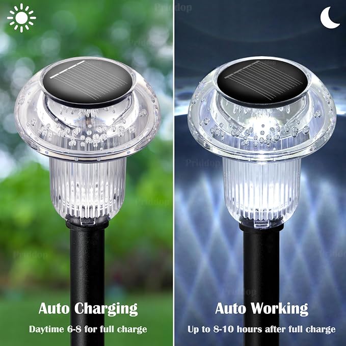 Priddop 8 Pack Solar Pathway Lights Outdoor Waterproof 6000K Cool White LED | Auto On/Off Mushroom Stake Lights for Yard Patio Lawn Driveway Walkway Garden Decor, Acrylic/ABS Landscape Path Lights