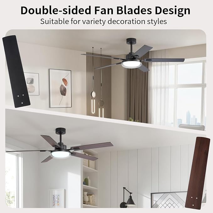 60 Inch Ceiling Fans with Lights and Remote, Bedroom Living Room Office Industrial, 5CCT Dimmable, Dual Color 5 Blades, 6 Speed Reversible Quiet DC Motor, Double-Layer Lampshade, Black/Wood Grain