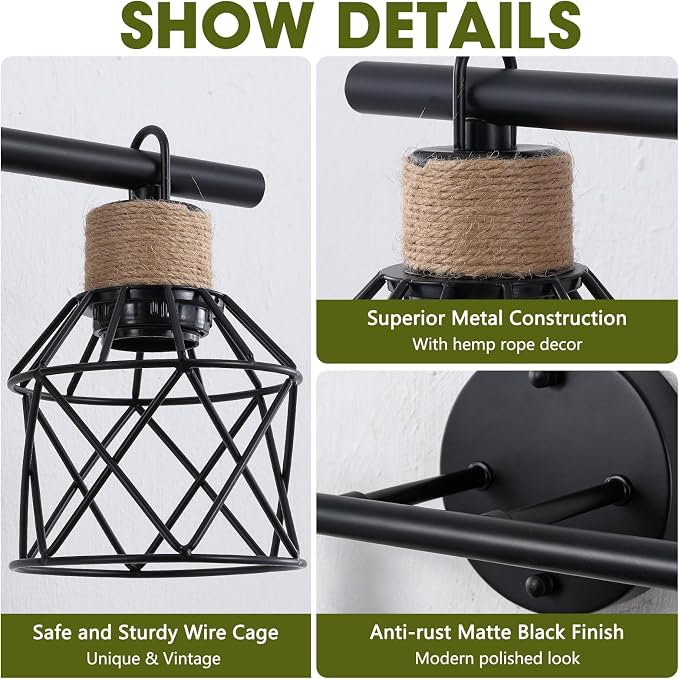 2-Light Farmhouse Bathroom Light Fixtures, Rustic Black Bathroom Lighting Over Mirror with Metal Shade, Modern Coastal Vanity Lights for Mirror Living Room Cabinet Bedroom