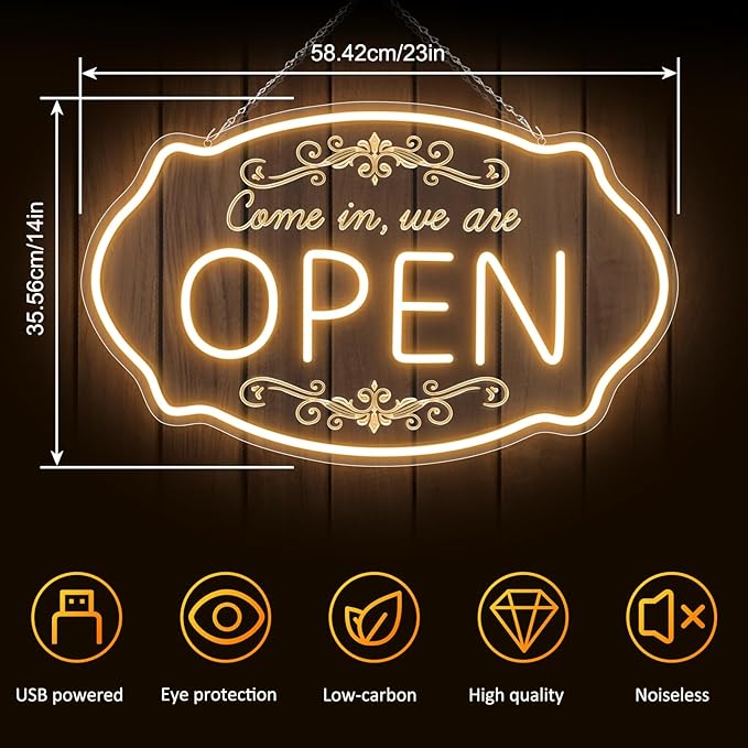 LED Neon Open Sign for Business, 23.5x14'' Come in We’re Open Sign, Warm White Adjustable Brightness Neon Lights for Party, Bar,Salon, Stores, Hotel, Wall Decor, Clubs, Hotels