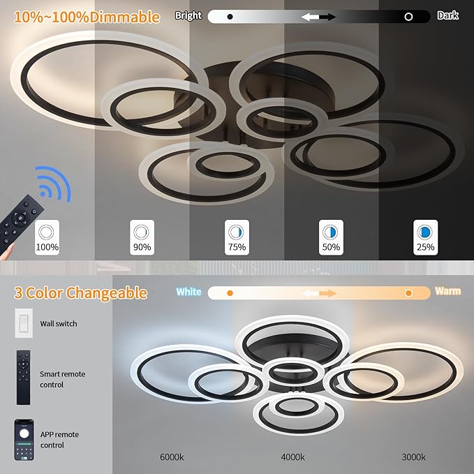Modern Ceiling Light, 41.3'' Dimmable LED Black Flush Mount Ceiling Lights with Remote Acrylic Round Ceiling Lamp Fixture for Low Ceiling Bedroom Living Room Dining Room, 108W