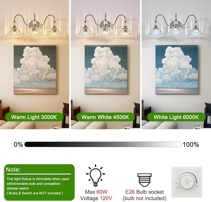 Chrome Bathroom Vanity Light Fixtures 3 Lights Vanity Lights for Bathroom with Floral Crystal Glass Shade Modern Wall Sconce Light for Mirror(Exclude E26 Bulb)