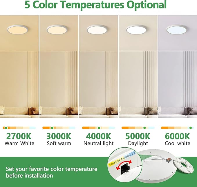 6PK Dimmable 12 Inch LED Flush Mount Ceiling Light, 24W, 2520LM, 2700K/3000K/4000K/5000K/6000K CCT Selectable, White Round Flat Panel Light Low Profile Ceiling Lamp for Bedroom/Kitchen/Living Room