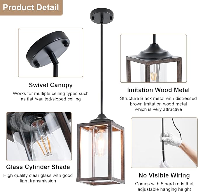 Farmhouse Pendant Light in Wood and Metal Cage, Rustic Pendant Light with Glass, Adjustable Hanging Light Fixtures, Mini Pendant Lighting for Kitchen Island, Hallway, Foyer (Square Brown-2 Pack)