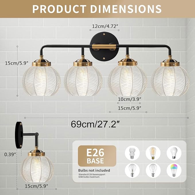 Bathroom Light fixtures 4-Lights Vanity Lights Over Mirror Mid Century Modern Wall Sconce Light with Clear Glass Globe Shade Vintage Black Gold Bath Wall Lamp for Living Room Cabinet