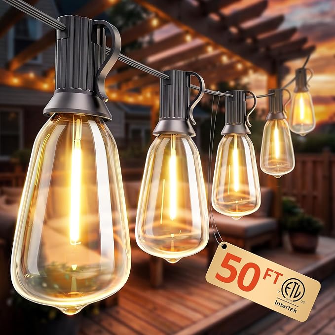 Outdoor String Lights 50FT, Patio Lights Outdoor Waterproof with 27 Bulbs | Shatterproof,Edison Outside Lights,Plug-In,2700K Dimmable, Connectable, Hanging Light for Porch Garden Backyard Deck Balcony