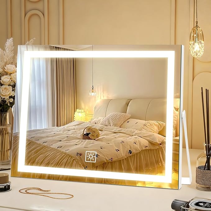 14 Inch LED Vanity Makeup Mirror with Lights, Large Metal Frame Lighted Tabletop Mirror with 3 Color Dimmable Touch Control, 360° Rotation for Bathroom Bedroom