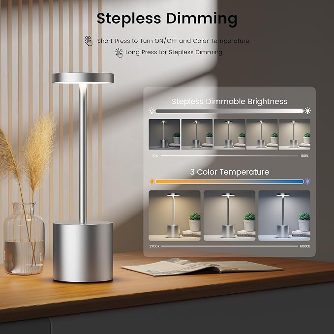 Cordless Table Lamp Rechargeable,Battery Powered LED Outdoor Table Light | SAKRINGT 3 Color Stepless Dimming,72Hrs Long Lasting Battery Operated,Portable Waterproof Touch for Patio Restaurant Dining