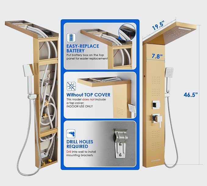 ROVOGO Gold Shower Panel Tower System W/Led Lights & 5 Shower Modes, 46.5" | Rainfall Waterfall Shower Head, 4 Body Massage Jets, Handheld and Tub Spout, Stainless Steel Shower Column with Brass Valves