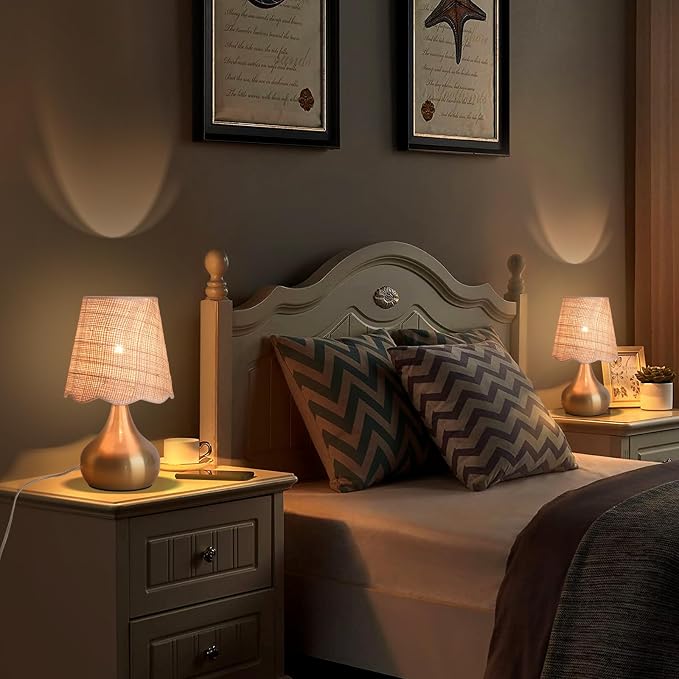 Ziqqeelam Gold Small Bedside Table Lamp Touche Control 3-Way Dimmable Brass Mini Table Lamps for Nightstand, Rattan Shade Small Table Lamps for Small Spaces for Kitchen Counter, Bookshelf, Bedroom