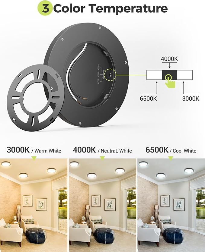 hepside 1PACK LED Flush Mount Ceiling Light, 3CCT Selectable 3000K-4000K-6500K & 100W Equivalent Modern Kitchen Ceiling Light Fixture 15W 1500Lm 7.5 Inch for Bathroom Closet Laundry Bedroom Hallway