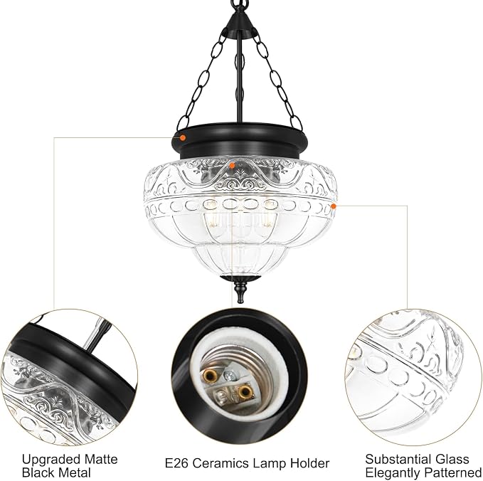 3-Light Matte Black Pendant Lights with 12In Floral Glass, Penant Lighting Fixture with Adjustable Chain, Vintage Pendant Lights Kitchen Island, Hanging Light Fixtures for Dining Room Entryway, E26*3