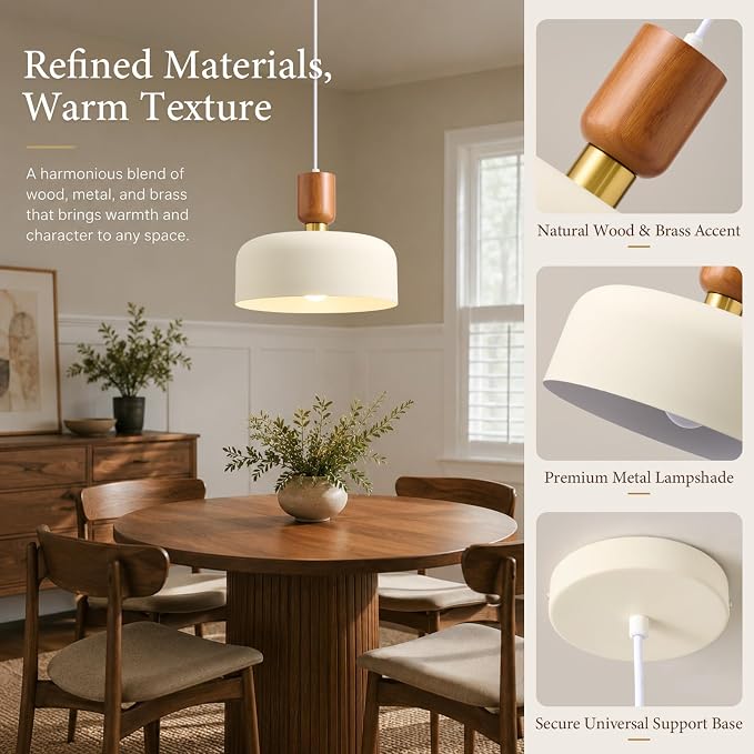 12" Mid Century Modern Pendant Lights, Cream White Shade, Wood Brass Accent | Rustic Farmhouse Over Table Kitchen Island Chandelier, Nordic Hanging Ceiling Lighting for Dining Room Bedroom Foyer Entryway