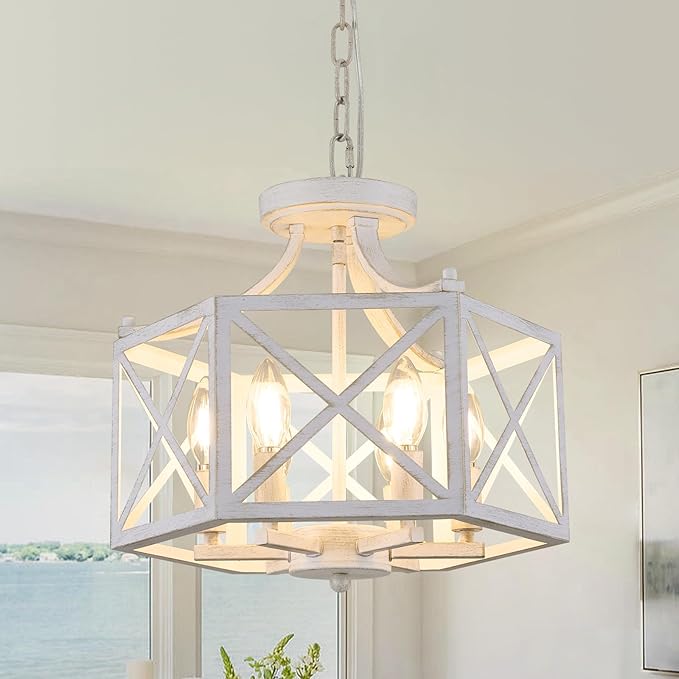 6-Light Antique White Pendant Light, Modern Farmhouse Chandeliers for Dining Room, Adjustable Hexagonal Metal Hanging Light, Vintage Geometric Pendant Lighting for Kitchen Island Entryway Foyer