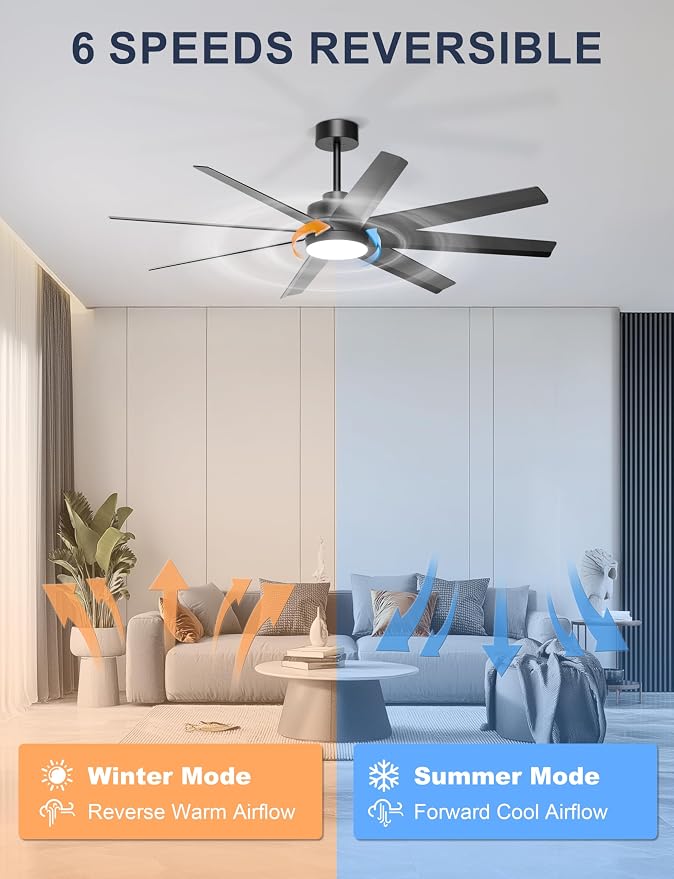 Ohniyou 60" Black Ceiling Fan with Light for Patio, Porch, Living Room | Remote/App Control, Quiet DC Motor, 3CCT Dimming, Modern Covered Outdoor Fan with 8 ABS Blades