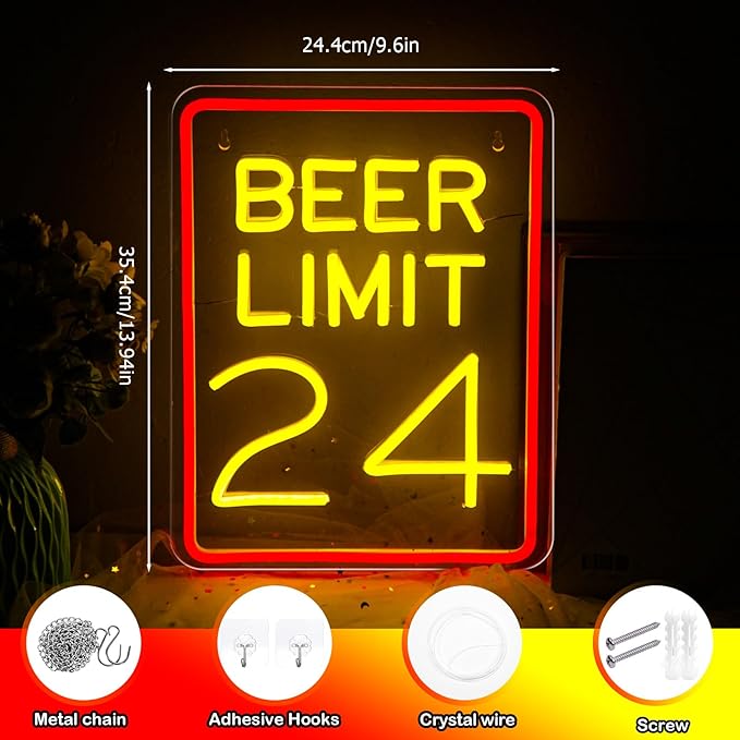 Beer Neon Sign for Wall Decor Dimmable Beer Limit 24 Neon Light Sign Bar Led Sign for Man Cave Home Bar Pub Restaurant Basement Garage Bistro Hotel Birthday Party Decor Gifts