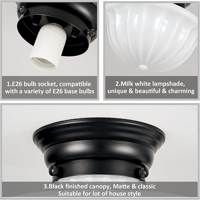 Black Schoolhouse Light Fixture Ceiling, 9 Inch Hallway Semi Flush Mount Ceiling Lighting, White Milk Glass Ceiling Lights Mid Century for Bedroom, Kitchen, Entryway