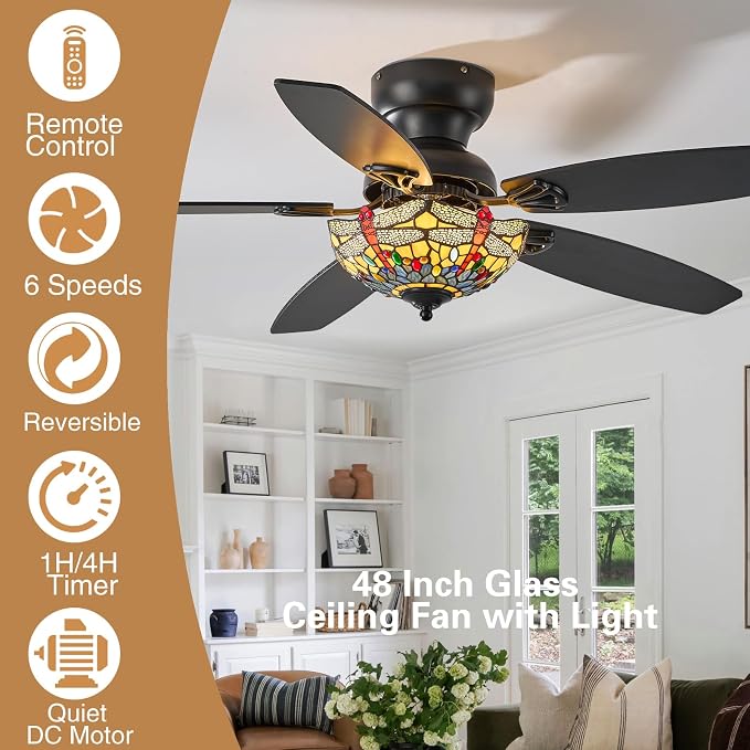 Tiffany Ceiling Fans with Lights-48"Ceiling Fan Chandelier and Glass Shade | 48" Ceiling Fan Chandelier with 5 Dual-Blades and Glass Shade, 6 Speeds and Reversible, Indoor and Outdoor, Retro Style