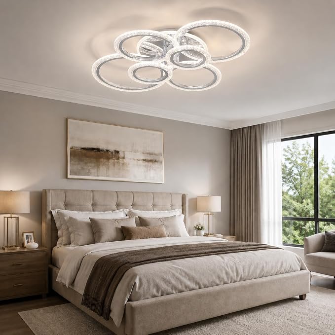 Garwarm Modern LED Flush Mount Ceiling Light with Remote, 6 Ring Chrome | 76W Dimmable LED Ceiling Fixture,3000K-6000K Adjustable Lighting for Low Ceiling Living Room, Dining Room ,Kitchen,Bedroom