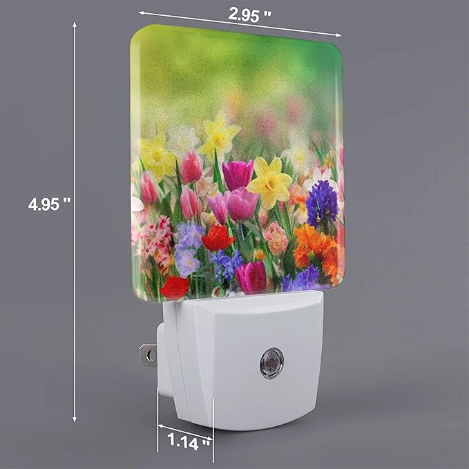 Summer Colorful Flowers Night Light Set of 2, Spring Floral Auto Sensor LED Dusk-to-Dawn Nightlights, Plug-in Sensor Lamp for Bedroom Bathroom Kitchen Hallway Stairs Decorative
