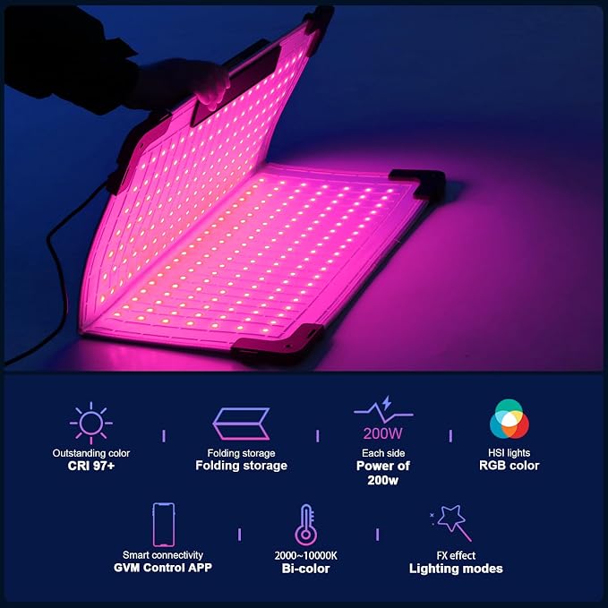 GVM 200W Flexible Led Panel Light Mat with Bluetooth Control, RGB Video Light with Softbox, 2000K-10000K Foldable Photography Light, 16 Kinds Lighting Scene, 1400pcs Led Beads, 23.62 * 23.62 inch