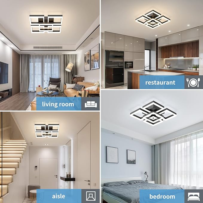 GEADI Modern 5-Square LED Ceiling Light, 64W Black Flush Mount | Dimmable Ceiling Lamp with Remote Control, 3000K-6500K, 17.7in Acrylic Chandelier for Living Room, Bedroom and Office