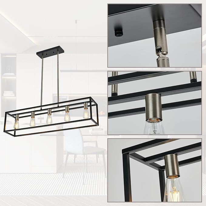 Black&Brushed Nickel Kitchen Island Lighting, Modern Linear Cage Retangular Chandelier, 5 Lights Industrial Metal Hanging Light Fixture for Farmhouse Kitchen Dining Room Bar Foyer