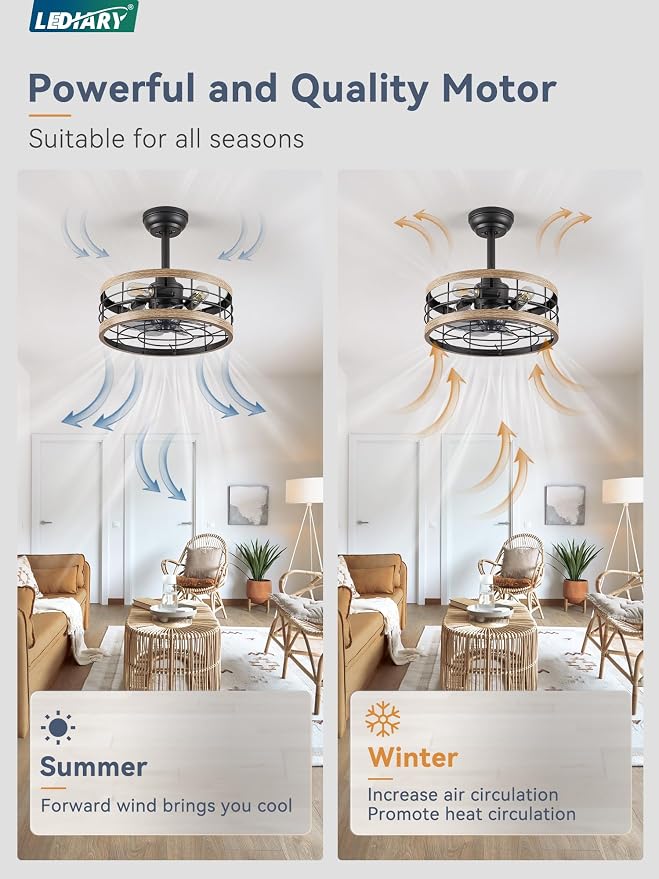 LEDIARY 16.5 inch Caged Fandelier Ceiling Fan Light with Remote, Brown | 6 Speed Adjustable,Timing, Quiet & Powerful DC, Small, Farmhouse, Industrial, Enclosed, Bladeless, Bedroom, Kitchen, Downrod