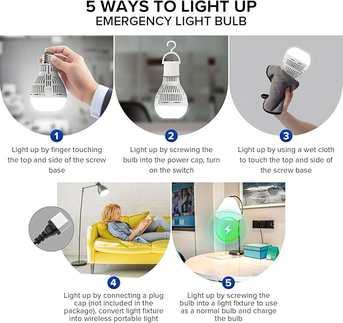 SANSI Rechargeable Emergency Light Bulb, Battery Powered 2000mAh A19 LED Light Bulb, 1800LM 6500K Cool White E26 120W Equiv. 12W Backup Light with Hook for Home Power Outage Camping