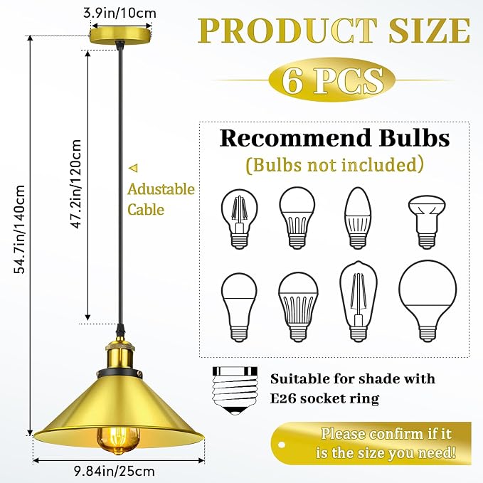 6 Pieces Industrial Pendant Lights E26 E27 Base Farmhouse Lampshade for Hanging Light Vintage Metal Shade Fixtures Barn for Kitchen Dining Room Home Bar Foyer (Gold)