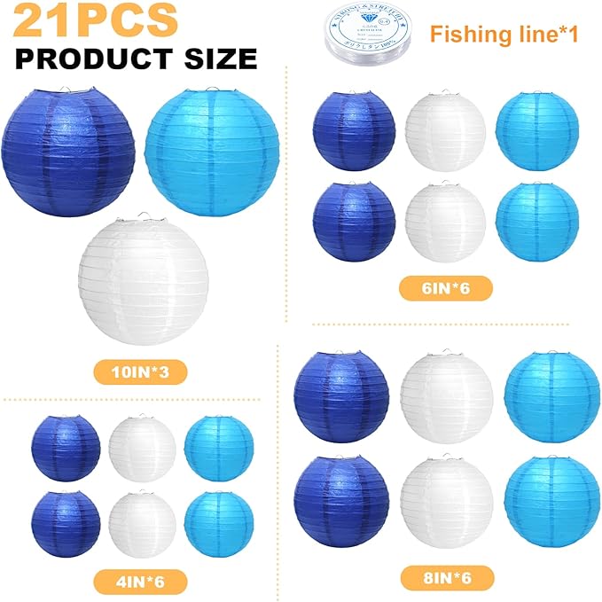 21 Pcs Blue Paper Lanterns Party Decorations, 4/6/8/10 Inch Round Chinese Hanging Paper Lanterns for Wedding, Birthday, Baby Shower, Graduation, Classroom Ceiling Decorations Indoor Outdoor