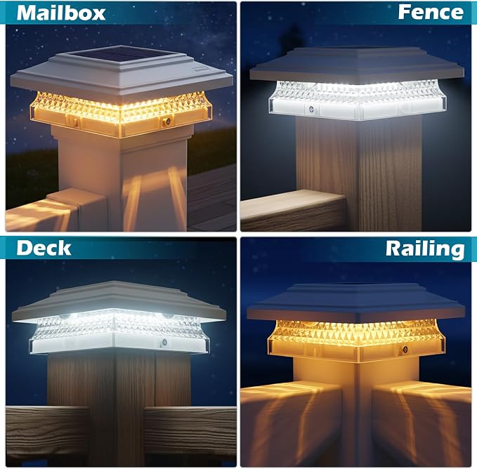 SIEDiNLAR Solar Post Cap Lights, 1 Pack 2 Modes 50 Lumens, 4x4 5x5 Vinyl/Wooden Posts Waterproof Outdoor Lighting for Deck Fence Patio, White/Warm (White)