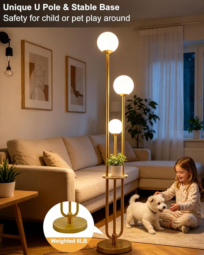 63IN Dimmable Floor Lamp with Shelf, Unique Globe Gold Tall Standing Lamps, 3000K Warmwhite Mid Century Modern Floor Lamp with 5Lbs Heavy Base for Living Room Home Office(Bulbs Included)