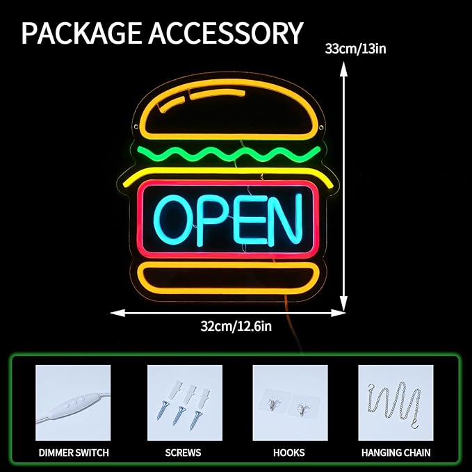 Burgers Open Neon Sign for Wall Decor Dimmable Hamburger Led Lights Signs Open Signs for Business Food Neon Light Room Decor for Bar Party Snack Shop Restaurant Gift USB Powered