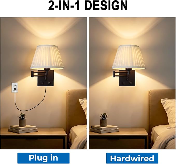 Wall Lamps for Living Room Bedroom Reading Light, Bulb Included | Wall Sconce with USB C+A Charging Ports, Adjustable Swing Arm 270°, Adjustable Color Temperature, White Fabric Cone lampshade