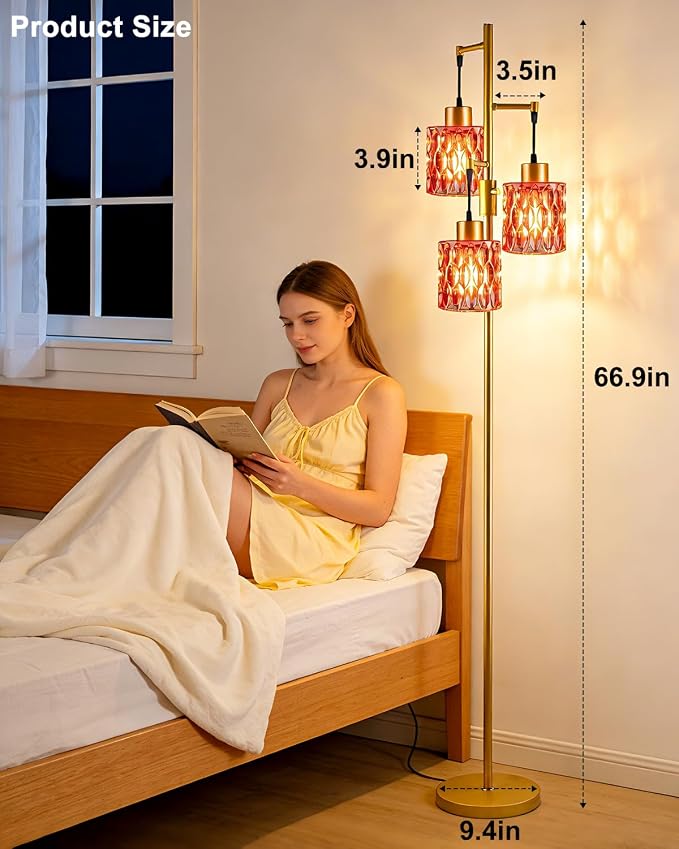 Lightdot 67" 3-Light Glass Floor Lamp for Living Room, Dimmable with Deep Red Glass Shade & E12 Bulbs Included, Mid Century Standing Tall Lamp with 5Lbs Heavy Base for Bedroom/Sofa Beside - Gold