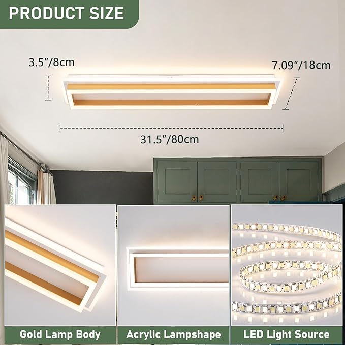 Dimmable Led Ceiling Light with Remote Control 31.5in Modern Linear Flush Mount Ceiling Lighting Fixture Acrylic Long Ceiling Lamp for Living Room Kitchen Dining Room Hallway (Gold)