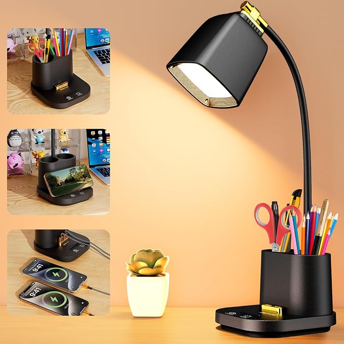 LED Desk Lamp with 2 USB Ports, Storage Box, Small Table Lamp for Home Office, Bedroom, College Dorm Room, Gooseneck Desk Light with Charger for Study, Reading, Craft, Work, Task, Dorm Room Essentials