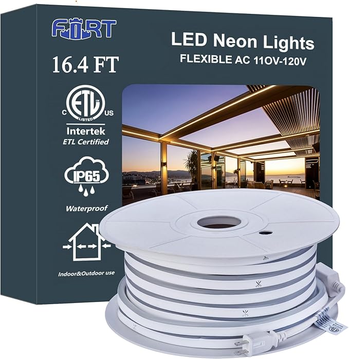LED Neon Rope Lights AC 120V,120LEDs/M Bright Strip Lighting, ETL Cold-Resistant IP65 Waterproof led lights strip for Indoor Outdoor, 8x16mm Warm White 16.4Ft Smooth Continuous Color and not heat up