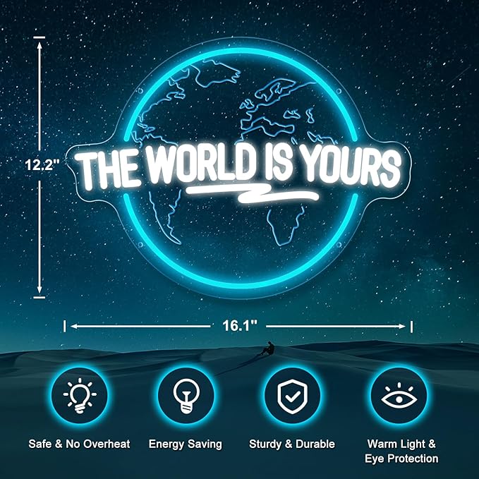 The World Is Yours Neon Sign Carved Planet The World Is Yours LED Signs for Wall Decor Neon Lights for Bedroom Classroom Man Cave Game Room Birthday Cristmas Gifts for Friends Lover