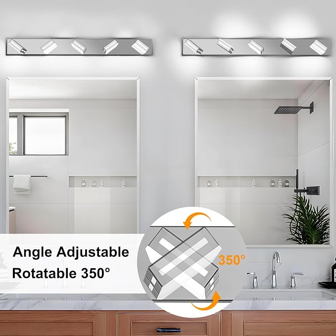 LED Modern Bathroom Light Fixtures, 5-Light 40-Inch Chrome Vanity Lights for Bathroom Lighting Fixtures Over Mirror, 6000K Cool White 350° Rotatable Wall Lamp