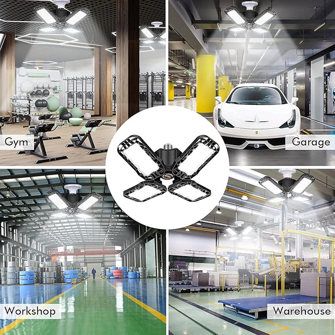 LED Garage Light 4 Pack, 120W Ultra Bright LED Shop Light with 4 Adjustable Panels, 12000LM E26/E27 Base Deformable Ceiling Fixtures for Garage, Workshop, Attic, Basement, Barn (Black-4 Pack)