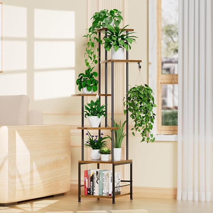 Plant Stand Indoor with Grow Light - 6-Tier Metal Plant Shelf with Hanging Basket Hook, Corner Tall Flower Holder for Multiple Plants, Living Room Balcony Garden Patio, Rustic Brown