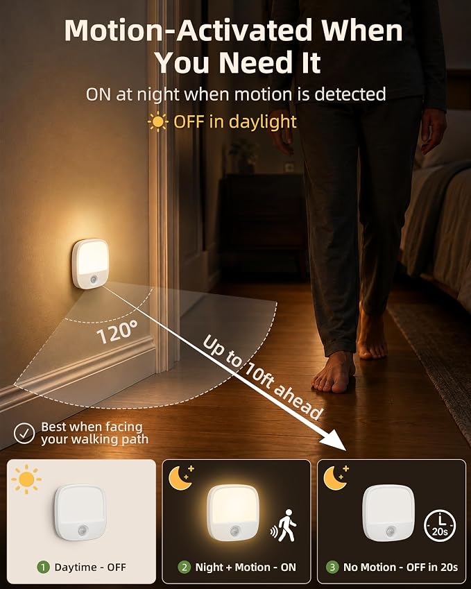 EZVALO Rechargeable Motion Sensor Night Lights, 2 Pack Magnetic Stick-On LED Lights with 3 Color Temperatures, Adjustable & Memory, Cordless Night Light for Closet, Bedroom, Hallway, Stairs, Bathroom