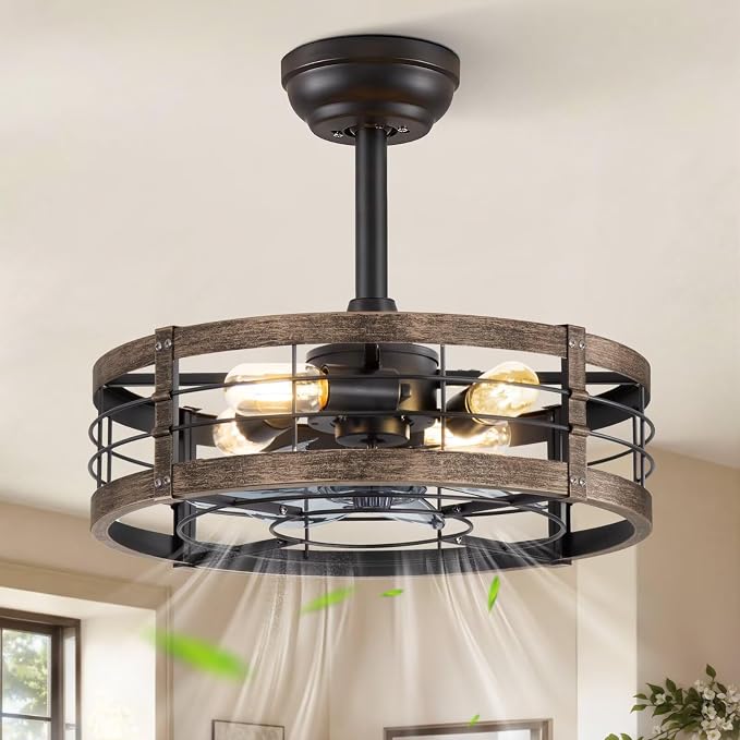 LEDIARY 18 inch Caged Fandelier Ceiling Fan Light with Remote, Black Gold | 6 Speed Adjustable,Timing, Quiet & Powerful DC, Small, Farmhouse, Industrial, Enclosed, Bladeless, Bedroom, Kitchen, Downrod