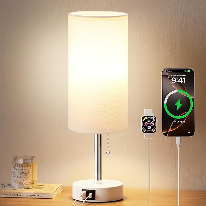 White Bedside Table Lamp for Bedroom - Small Nightstand Lamp for Girls | 3 Color Temp, USB A+C Ports, LED Bulb Included, Soft White Fabric Shade, Matte White Metal Base, 14" Desk Lamp for Kids Dorm