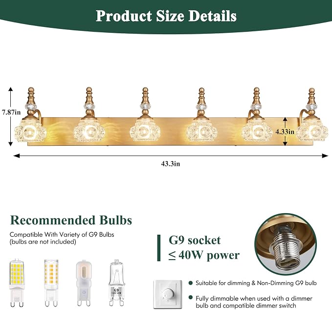 Modern Glass Crystal Vanity Light - Vintage Bathroom Lighting Fixtures Over Mirror, 6 Light Vanity Lights G9 Bulb (43.3 Inch,Brass)